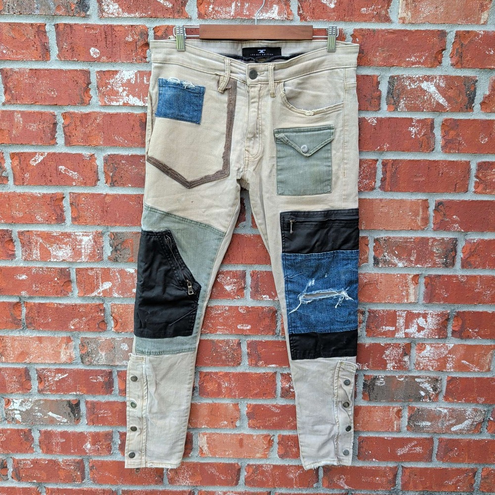 Jordan Craig Ross Patchwork Jeans Mens 30x32 Khaki Multi Slim Fit Streetwear